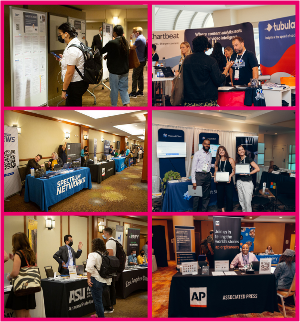 A grid of six pictures. In the upper left is a picture of an ONA22 attendee checking out the Big Board of career opportunities. In the middle left and bottom left pictures are examples of Recruiter tabletop spaces at ON22. In the upper right is a picture of a Tubular staff member talking to an ONA23 attendee in their exhibiting space. In the middle right are three people standing and smiling in front of Microsoft's exhibiting space. In the bottom right picture is someone seated at the AP's recruiter exhibiting table at ONA23. 