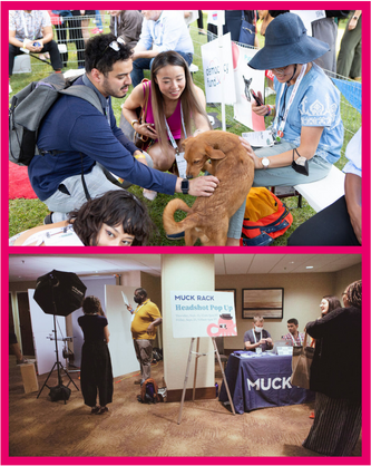 A grid of two pictures. In the top picture are people crouched down and petting a puppy at the ONA22 Puppy Party hosted by the Democracy Fund. In the bottom picture is the ONA22 Headshot Lounge sponsored by Muck Rack, with a photography set up on the left and Muck Rack representatives seated at a branded table on the right.