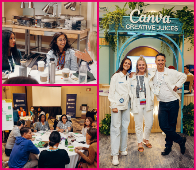 A grid of three pictures. In the upper left are three ONA23 attendees talking at a table at a sponsored meal event. In the lower left is an overhead shot of a group of ONA23 attendees having what appears to be a serious conversation while seated at a table at a networking event. On the right is a picture of three Canva staff members standing in front of their ONA23 exhibit space, themed Canva Creative Juices.