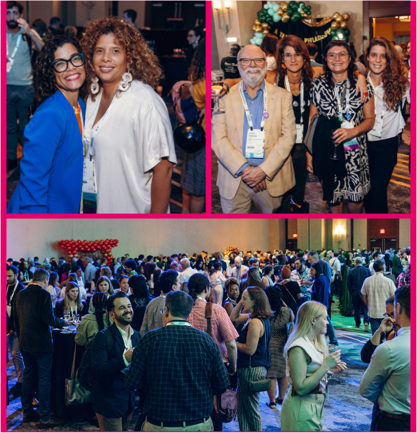 Three separate pictures in a grid, with two pictures on top and one on the bottom. In the upper left is a picture of two women standing closely together and smiling at the ONA23 Welcome Reception. In the upper right is a group of four people standing closely together and smiling at the ONA23 Welcome Reception. The bottom picture is a crowd shot taken at the ONA23 reception.