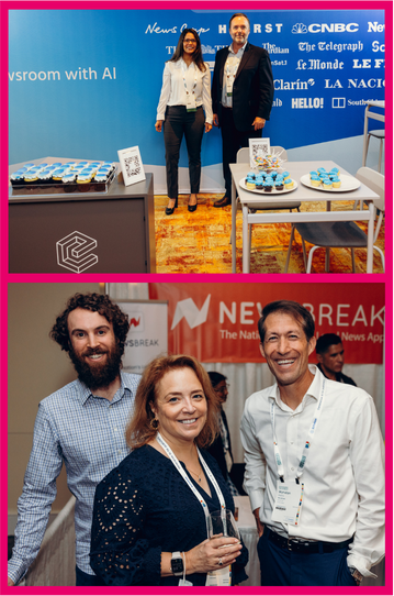 A grid of two pictures. On top are two people standing in the background of the ONA23 Echobox exhibiting space, with branded cupcakes displayed in the foreground. In the bottom picture are three people standing and smiling in the Newzbreak exhibiting space.