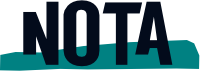 The logo for Nota is the name in black capital letters in a sans serif font, with the lower third featuring an abstract green quadrilateral with a slightly rounded top in the background.