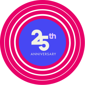 ONA 25th anniversary emblem featuring a solid blue center circle with 25th ANNIVERSARY written in beige; concentric magenta circles outline the center circle.