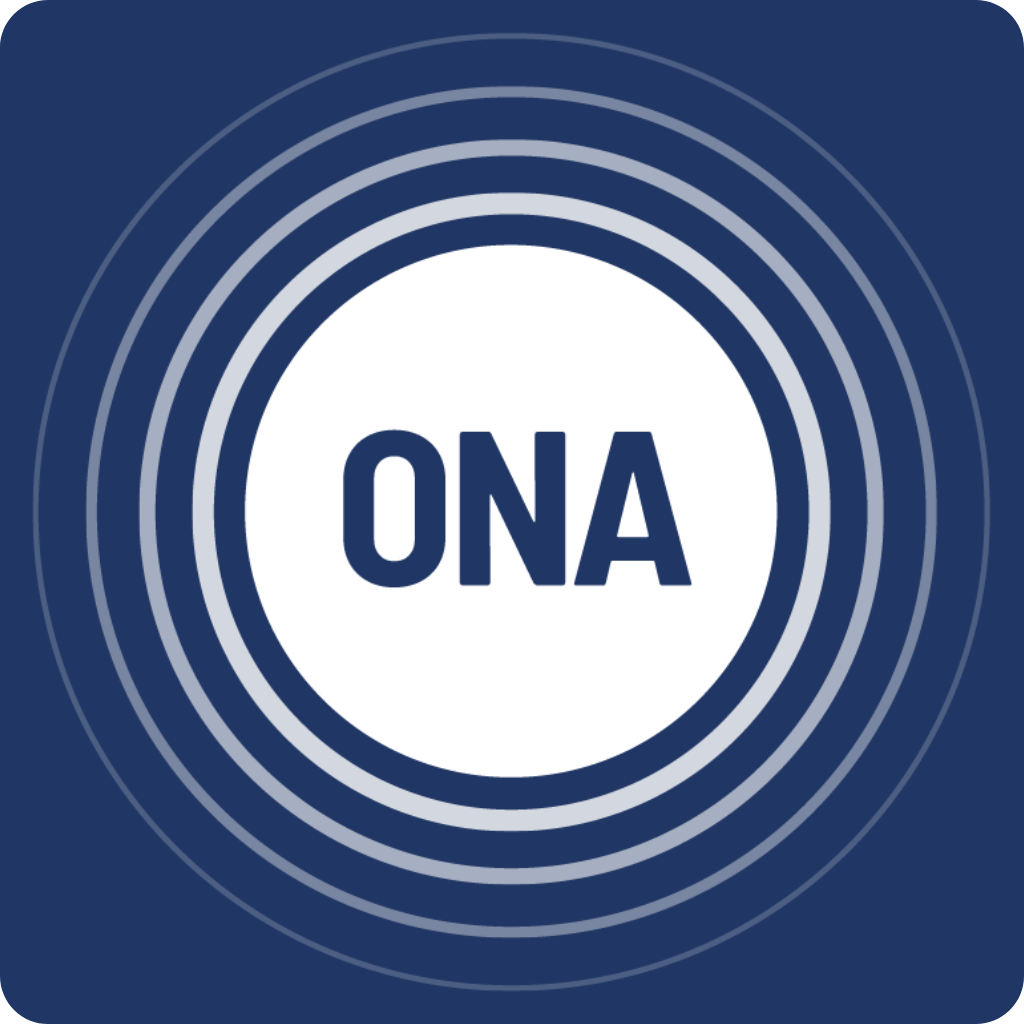 The ONA app icon is a navy blue square with rounded corners and the ONA logo in the center. The logo is a solid white circle with the letters "ONA" at its center in navy blue, outlined by four increasingly thinner concentric circles in shades of gray.