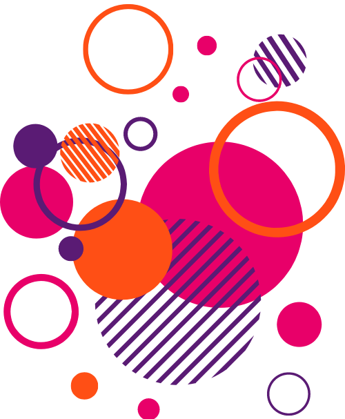 An abstract design featuring a collection of colorful circles and lines. Various sizes of circles in shades of pink, orange, purple, and red are clustered towards the bottom portion of the image. Some circles are filled, while others are outlined or have diagonal stripes.