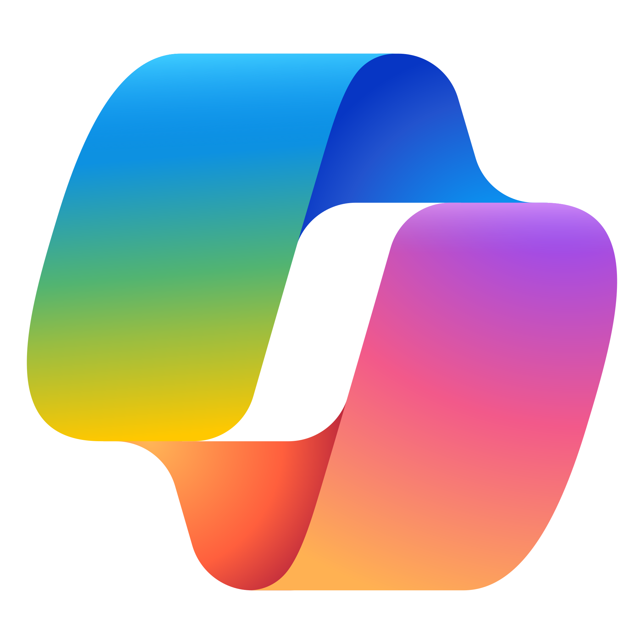 A colorful, abstract icon representing Copilot for Microsoft 365 featuring two interlocking, ribbon-like shapes. The left shape transitions from blue to green to yellow, while the right shape transitions from blue to purple to pink, forming a continuous loop with a gradient effect.