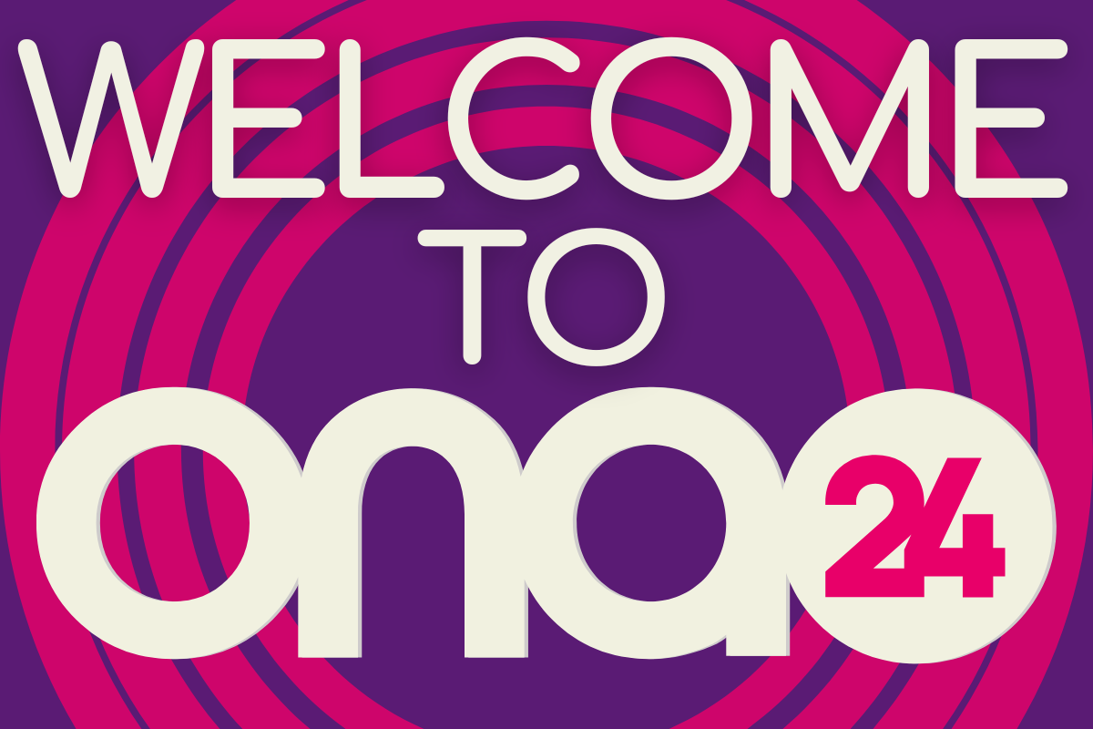 Bold text saying "WELCOME TO ONA24" in capital letters against a background of concentric circles in shades of pink and purple.