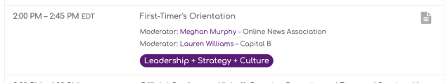 Screenshot of the listing for the first-timers orientation session on the ONA24 schedule. The session is marked with a document icon in the top left.